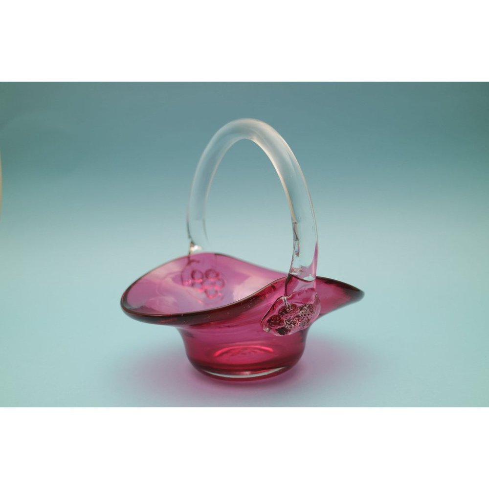 Vintage Art Cranberry Glass Basket, Ruby Red and Clear Handle with Clear Handle